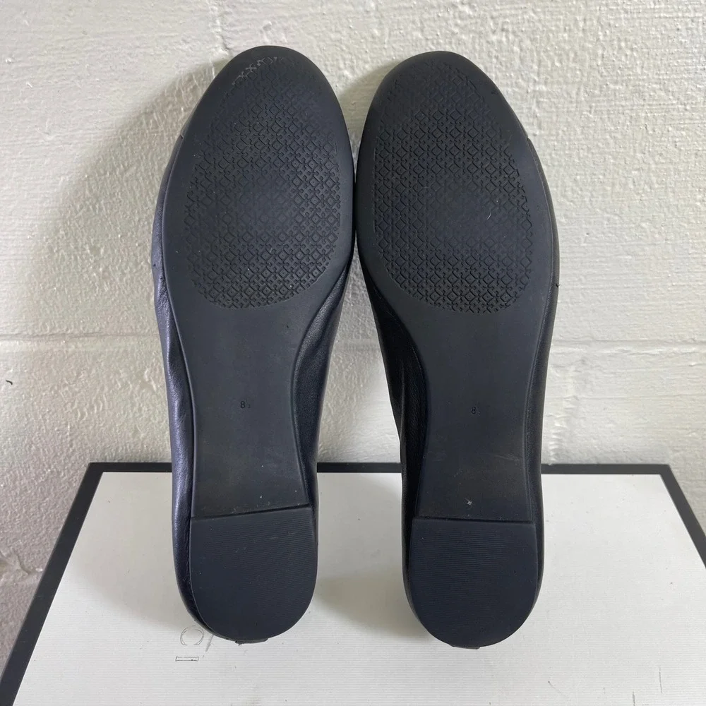 Tory Burch Everly Cap Toe Black Leather Gold Logo Ballet Flats Shoes Womens 8.5